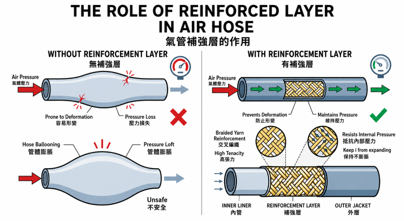 SHPI industrial air hose comparison: A reinforced hose structure with high-tenacity fiber braiding vs. a non-reinforced hose prone to deformation and pressure loss.